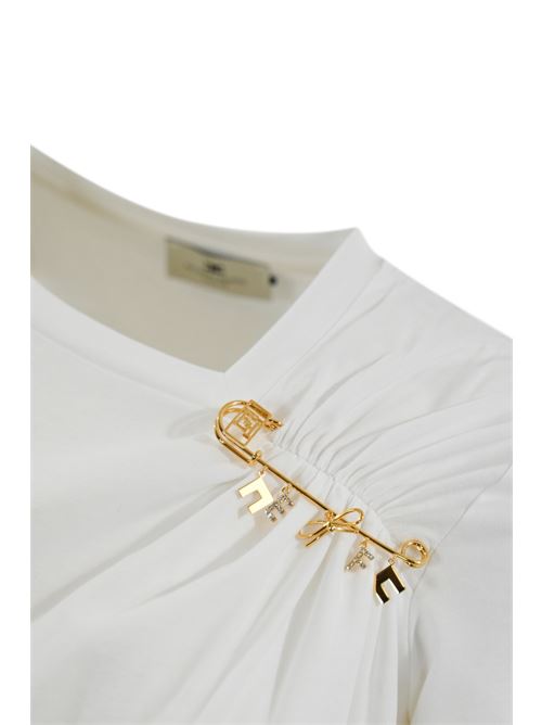 T-shirt in jersey Gesso con spilla gioiello Elisabetta Franchi | MA02851E2270